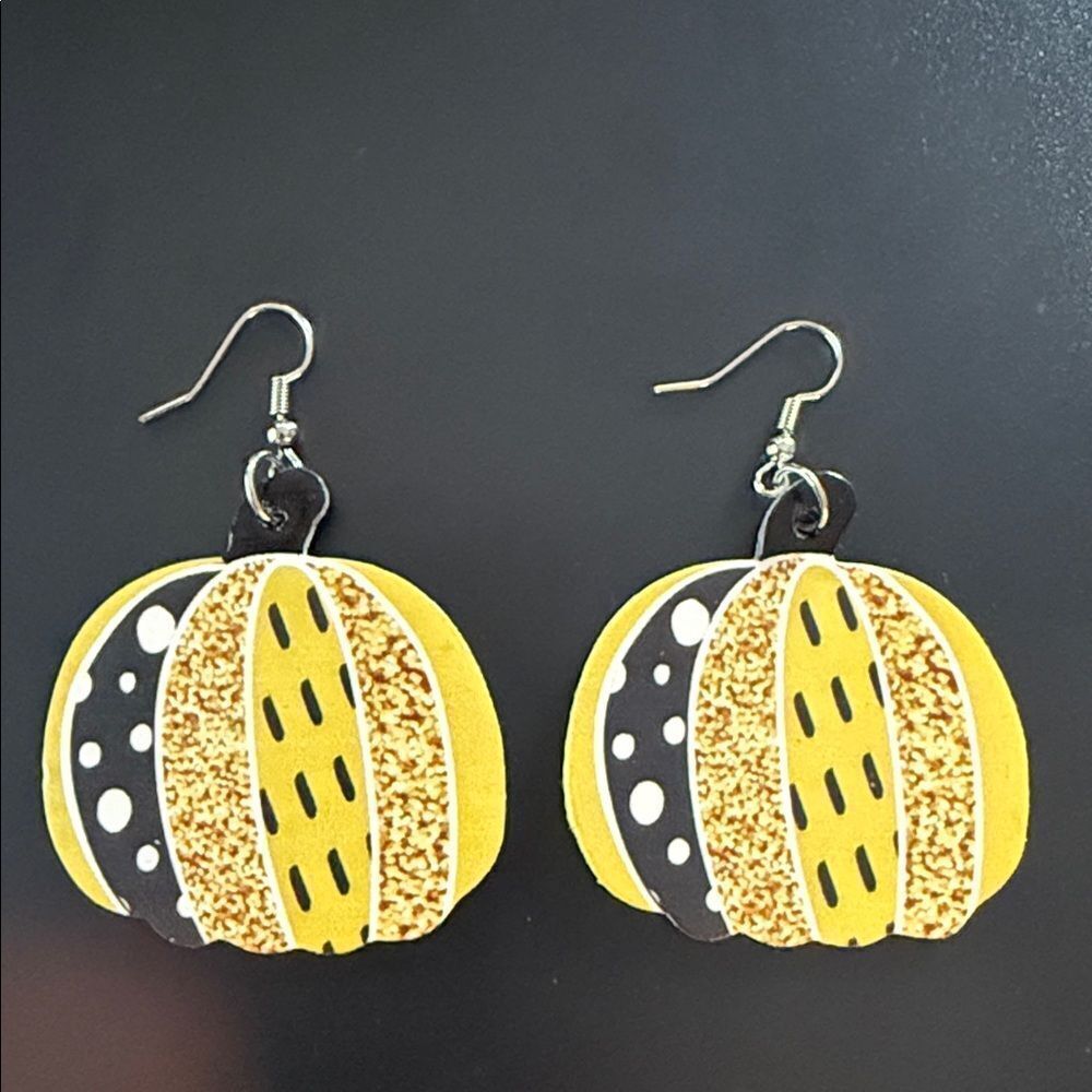 Faux leather Yellow and Black Pumpkin Earrings